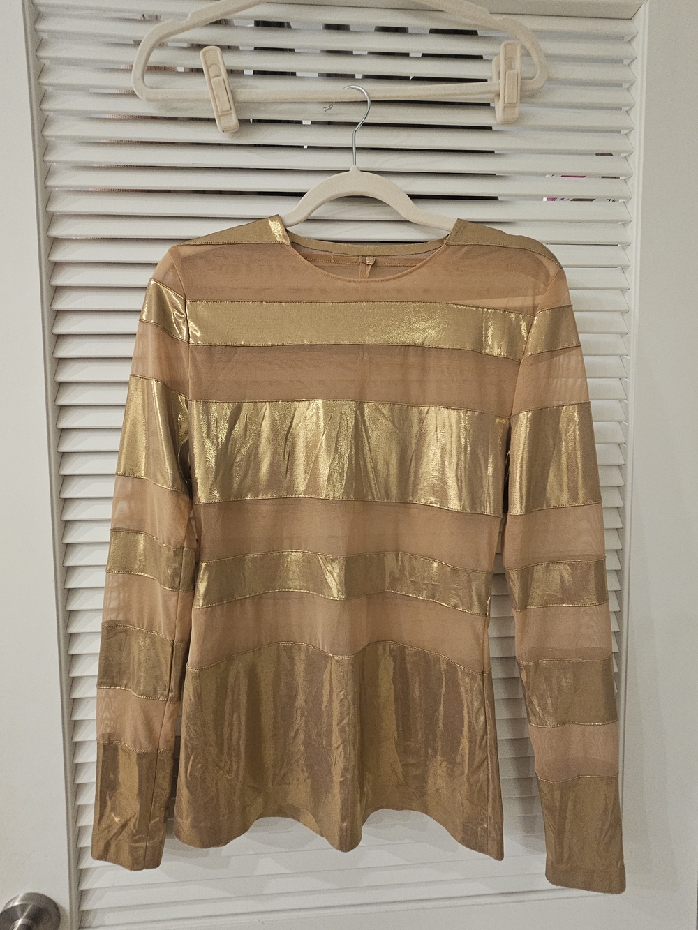 Norma Kamali Gold And Mesh Spliced Long-Sleeve Top Sz M